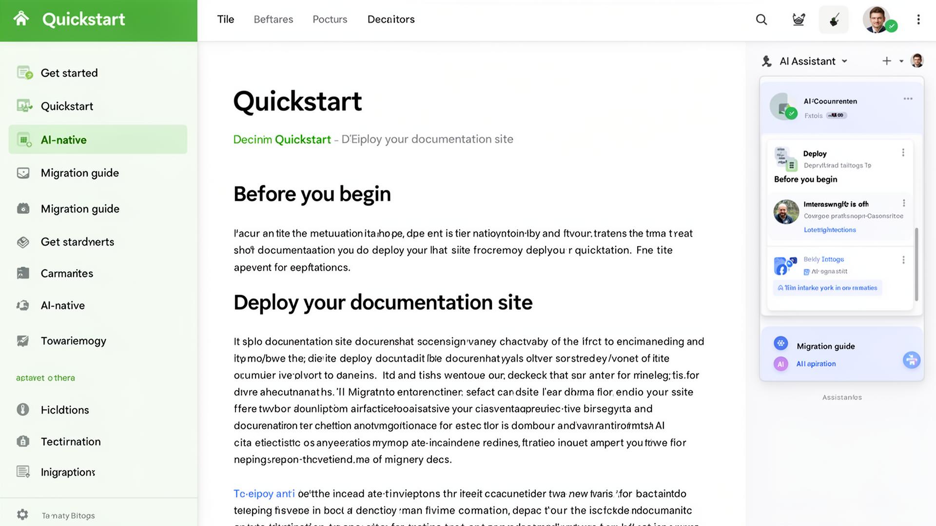Developer documentation interface with sidebar navigation, content area, and AI assistant